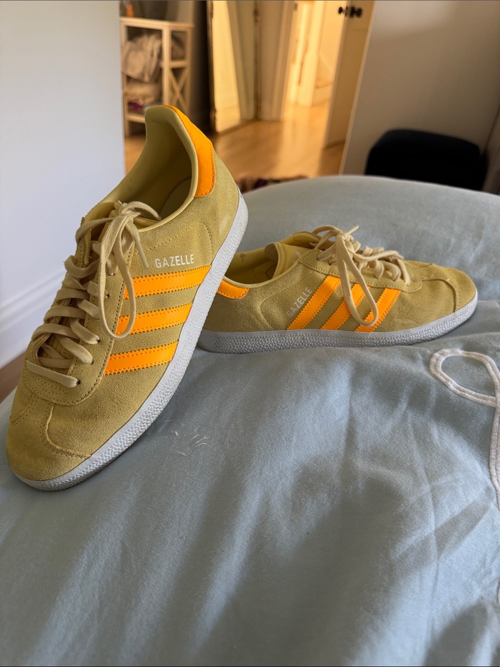 adidas Gazelle Women’s Yellow Suede Sneakers with Orange Stripes